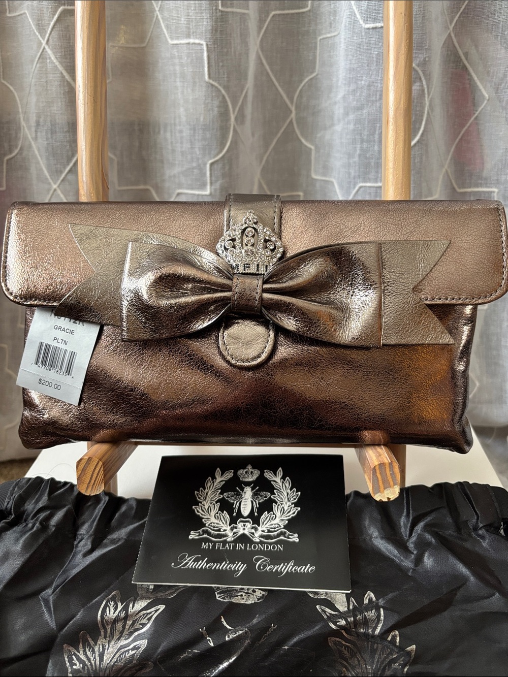 Retired My Flat in London Bronze Metallic Bow Evening Clutch—Style Gracie